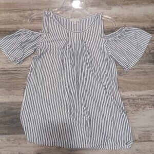Max Studio Cold Shoulder Pleated Crew Neck Line Striped Blue/White Cute Top XS